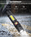 Magnetic Rechargeable LED Flashlight With Side COB Work Light Zoomable Tactical Beam 1000 Lumens USB Rechargeable Waterproof Pocket Size Light in rain