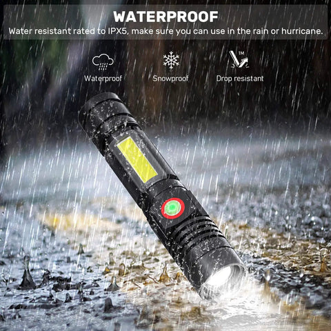 Magnetic Rechargeable LED Flashlight With Side COB Work Light Zoomable Tactical Beam 1000 Lumens USB Rechargeable Waterproof Pocket Size Light in rain