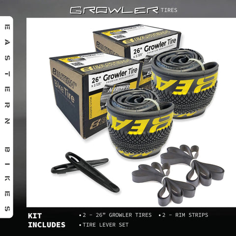 26 Inch Bike Tire Replacement Kit With Or Without Inner Tubes Includes Tools Fits 26 By 1.75 And 26 By 2.125 Rims Yellow Logo 2 Pack Without Tubes Upgrade From OEM Parts showing boxed kits, wrapped tires with yellow logos, rim strips, and lever tools.