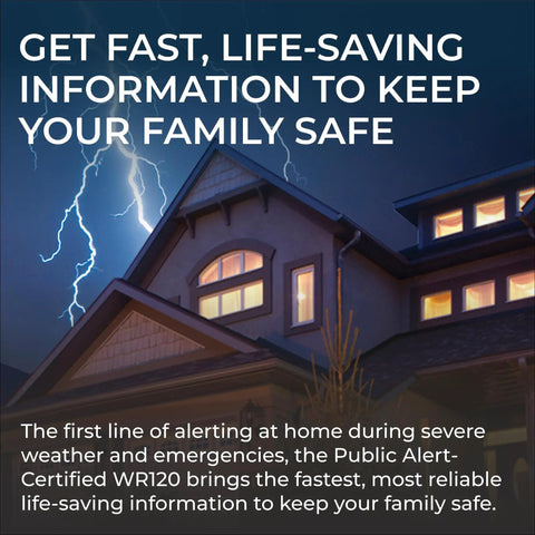 House in storm with WR120B NOAA Emergency Weather Alert Radio With Localized Programming, lightning in background