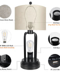 Diagram of Industrial Farmhouse Table Lamps Duo With Night Light And USB Charging showing parts and features.