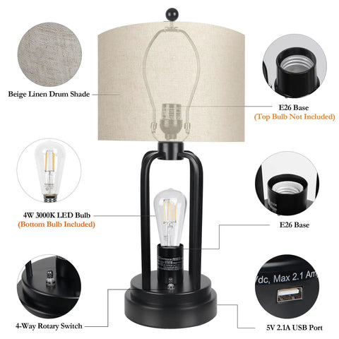 Diagram of Industrial Farmhouse Table Lamps Duo With Night Light And USB Charging showing parts and features.
