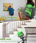 Top Tier 4D Green Laser Level With 360 Self Leveling Cross Lines, showcasing self-leveling and manual modes for precise installation.