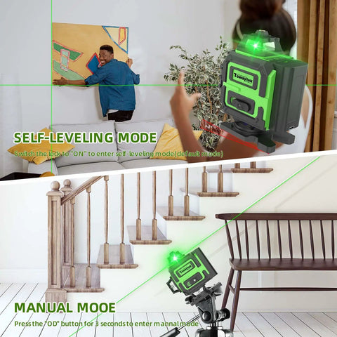 Top Tier 4D Green Laser Level With 360 Self Leveling Cross Lines, showcasing self-leveling and manual modes for precise installation.