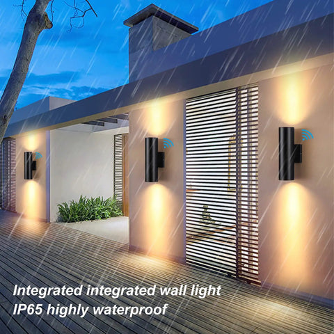 Dusk To Dawn Outdoor Wall Lights 2 Pack With 12W 2700K Integrated LED Cylinder Up Down Sconce IP65 Waterproof Aluminum Exterior Lighting For Porch And Patio Built In Sensor No Fuss Auto On At Night