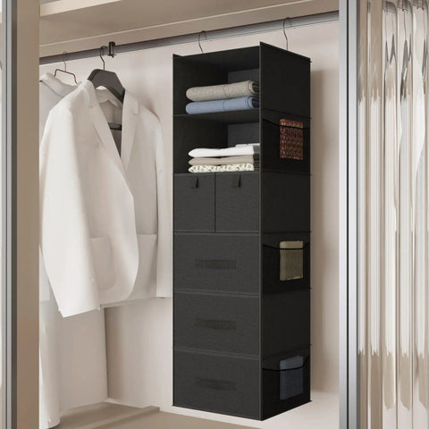 Six Shelf Hanging Closet Organizer With Five Drawers And Three Pockets Two Hooks Foldable Wardrobe Storage For Clothes And Accessories Non Woven Fabric Black hanging in closet with folded linens and accessories.