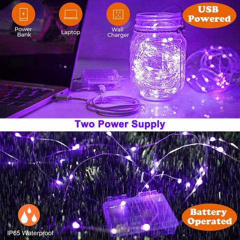 Battery Operated UV Black Light String Lights With 50 LEDs, 16.5 Ft Flexible Fairy Lights, 8 Modes, USB Powered Option, Great For Fluorescent Body Paint, Parties, Stage Show And Halloween Decor