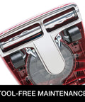 Tool-free maintenance feature of Hardcore Commercial Upright Bagged Vacuum Cleaner With Vibra Groomer Brush Roll.