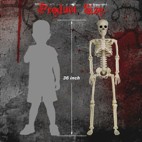 Two-Pack 36 Inch Pose N Stay Skeleton Decorations with size comparison to child silhouette