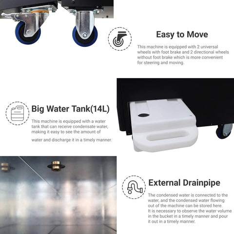Heavy-Duty 22500 BTU Portable AC Cooler For Shops Garages And Warehouses Kicks Heat Out Fast With 220V Power shows water tank and wheels.