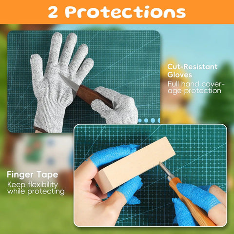 Cut-resistant gloves and finger tape for wood carving kit with 29 piece tools whittling set for beginners DIY hobbyists.