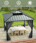 12x12 Hardtop Gazebo With Beefy Double Roof And Mosquito Net, Aluminum Frame And Galvanized Steel Top Canopy, Privacy Curtain, Weatherproof Outdoor Shelter For Patio Porch Garden Lawn Deck Backyard, Gray over outdoor dining set on patio