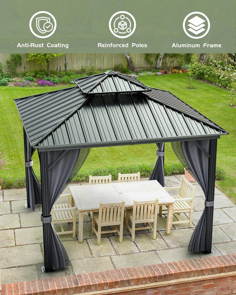 12x12 Hardtop Gazebo With Beefy Double Roof And Mosquito Net, Aluminum Frame And Galvanized Steel Top Canopy, Privacy Curtain, Weatherproof Outdoor Shelter For Patio Porch Garden Lawn Deck Backyard, Gray over outdoor dining set on patio