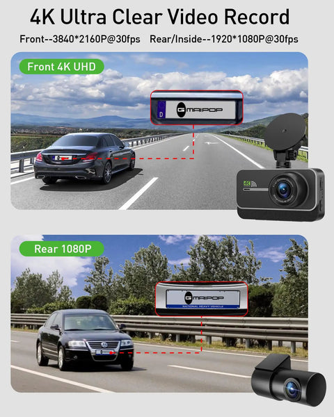 4K Front And Rear Dash Cam With WiFi And App Control For Cars capturing high-definition road footage with clear front and rear views.