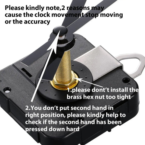 Close-up of Long 31mm Quartz Clock Movement DIY Repair Kit with Metal Hook focusing on installation instructions.