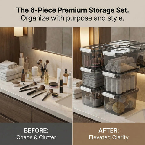 Six Pack Stackable Black Plastic Storage Bins With Lids 12 Quart Each Modular Organizer Boxes With Secure Latches for Bathrooms
