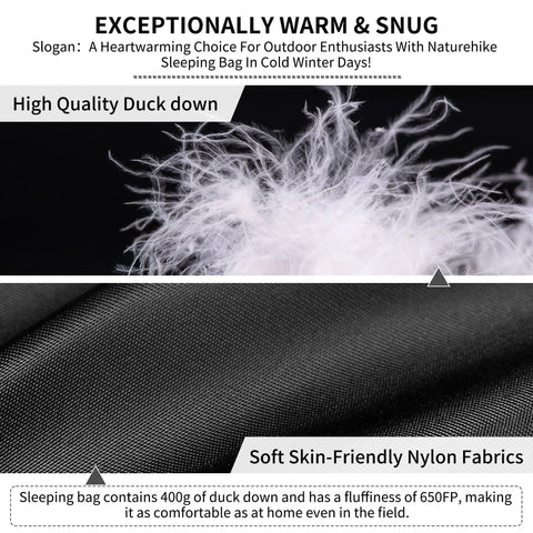 Ultralight 650FP Down Sleeping Bag For Adults, Backpacking Ready, 40F Temperature Rating, soft nylon fabric and duck down filling.