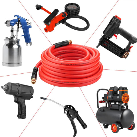 Boss Level Heavy Duty Half Inch By Fifty Foot Hybrid Air Compressor Hose Rated At 300 Psi with pneumatic tools.