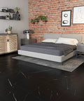 Modern bedroom with Black Marble Peel And Stick Floor Tiles 12 X 12 Inches Self Adhesive Vinyl Flooring Waterproof Durable For Kitchen Bathroom Basement Super Easy No Fuss Install 16 Pack Covers 15.5 Sq Ft