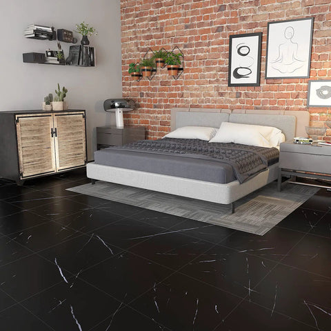 Modern bedroom with Black Marble Peel And Stick Floor Tiles 12 X 12 Inches Self Adhesive Vinyl Flooring Waterproof Durable For Kitchen Bathroom Basement Super Easy No Fuss Install 16 Pack Covers 15.5 Sq Ft