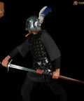 Person wearing Genuine Leather Sword Baldric Belt For LARP And Renaissance Costumes, holding a sword, medieval attire in action.