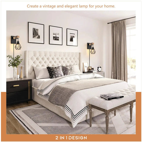 Killer Plug In Wall Sconces Set Of Two With Vintage Wood Accents And Matte Black Bases Serving Up Chill Farmhouse Vibes For Any Bedroom Or Living Room With Smooth Switch Cord Control, styled in a modern bedroom.