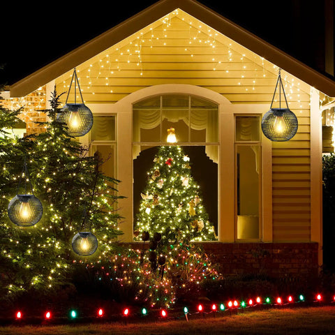 Auto On Solar Lanterns For Outdoors Upgraded Hanging Garden Lights illuminating a house and garden at night, warm festive ambiance.