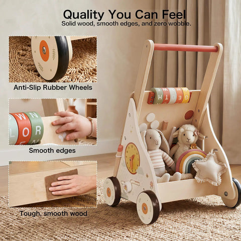 Totally Awesome Wooden Baby Walker And Activity Center With A Pretty Sweet 10 In 1, featuring anti-slip wheels, smooth edges, and tough wood.