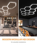 Five Grid Hexagon LED Garage Light System 200W 17280 Lumen Daylight 6500K Hella Bright Glare Free Ceiling And Wall Fixture showing modern hex design.