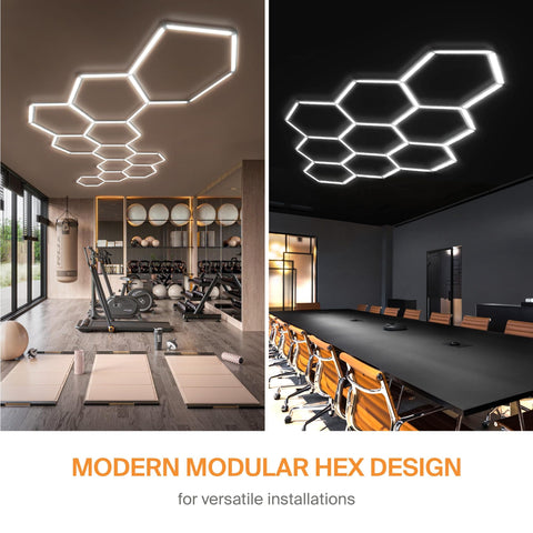 Five Grid Hexagon LED Garage Light System 200W 17280 Lumen Daylight 6500K Hella Bright Glare Free Ceiling And Wall Fixture showing modern hex design.