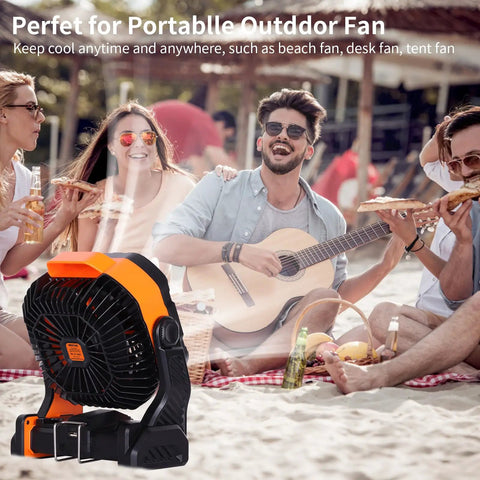 Powerful Battery Powered Camping Fan With 20000mAh Battery Rechargeable Outdoor Tent Fan shown on a beach with friends
