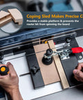 Rail Coping Sled With 2-Inch Slab Flattening Router Bit for Precise Cabinet Joints in use on router table
