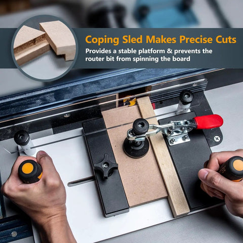 Rail Coping Sled With 2-Inch Slab Flattening Router Bit for Precise Cabinet Joints in use on router table