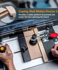 Rail Coping Sled With 45 Degree Chamfer Router Bit for Pro Grade Woodworking, showing stable cutting jig in use