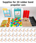 Rubber Band Propeller Car Kit For Classrooms 30 Pack STEM Project For Ages 8 Plus Kid Friendly Hands On Learning Complete Supplies For 30 Builds Easy Setup Energy To Motion Science Experiment For After School Programs, parts laid out