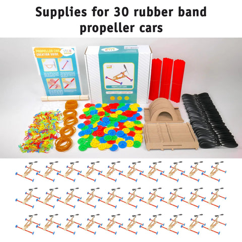 Rubber Band Propeller Car Kit For Classrooms 30 Pack STEM Project For Ages 8 Plus Kid Friendly Hands On Learning Complete Supplies For 30 Builds Easy Setup Energy To Motion Science Experiment For After School Programs, parts laid out