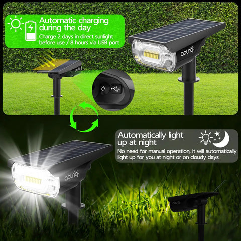 Solar Spotlight Outdoor 1000 Lumens 64 LEDs IP67 Waterproof Landscape Lighting with day-night automatic charging feature