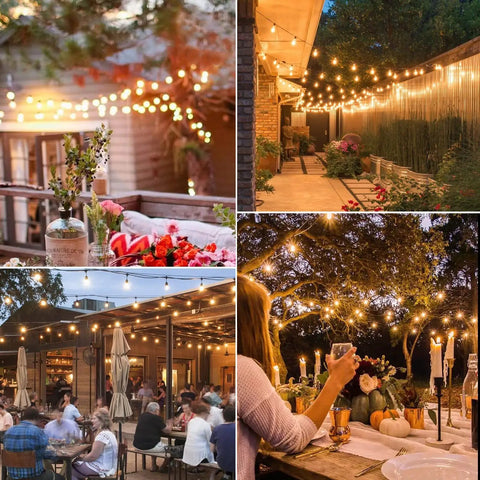 Warm 48 Foot Outdoor String Lights With Vintage Edison Bulbs 15 Bulbs At 11W Waterproof UL Listed illuminating backyard cafe.