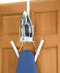 Wire Over The Door Ironing Caddy For Iron And Ironing Board Storage Organizer White holding iron and board on wooden door