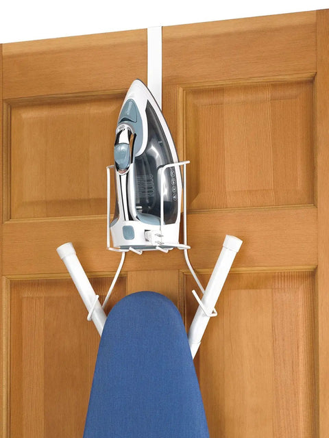 Wire Over The Door Ironing Caddy For Iron And Ironing Board Storage Organizer White holding iron and board on wooden door
