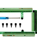 Ultra Tiny GPIO Terminal Block Breakout Board For Arduino Mega 2560, 2.54mm Pitch, 0.1 Inch, Supports 28 AWG To 18 AWG Wire, Screw Terminal, Pre-Soldered Assembly, FR-4 Dual Copper PCB, Easy Prototyping For Makers And Hobbyists. Green breakout board with screw terminals and standoffs
