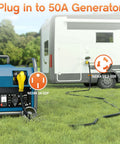 Image showing 25-Foot 50 Amp Generator Cord With NEMA 14-50P To SS2-50R Or CS6375 connected between generator and RV.
