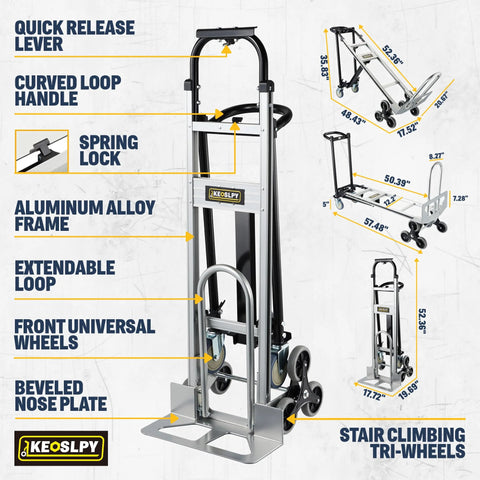 Diagram showing features of 3 In 1 Industrial Convertible Aluminum Hand Truck Dolly Cart With 1000 Lbs Capacity, heavy duty wheels, and frame details