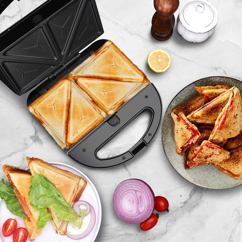 Aigostar 3 In 1 Electric Sandwich Maker With Removable Nonstick Plates Panini Press Grill And Waffle Iron 750W preparing toasted sandwiches.