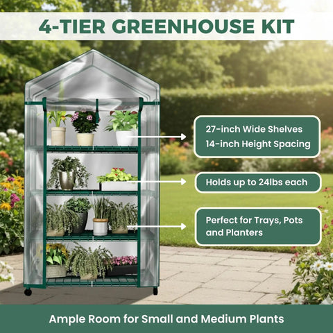 4 Tier Portable Greenhouse With Locking Wheels And PVC Cover For Indoor Or Outdoor Use, 27 Inch Wide Shelves That Hold 24 Lbs Per Tier, A Slick Mini Greenhouse For Seedlings, Herbs, And Small Plants