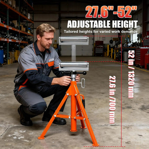Man adjusting Heavy Duty Roller Stand With 2500 Lb Capacity And 28 To 52 Inch Adjustable Height Foldable Tool Stand in shop