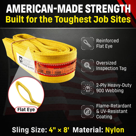 Four Inch By Eight Foot Nylon Lifting Sling Built USA Tough USA Made Heavy Duty 11,500 Lb Vertical 9,200 Lb Choker 23,000 Lb
