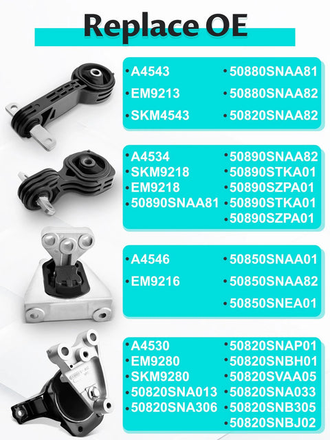 Engine And Transmission Mount Kit For 2006-2011 Civic 1.8L Automatic, direct fit OE replacements A4530, A4534, A4543, A4546