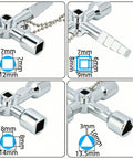 Close-up image of 2 Pack 4 Way Sillcock Key Kit For Hose Valves Faucets And Switches With Beaded Chain, zinc alloy design with measurements