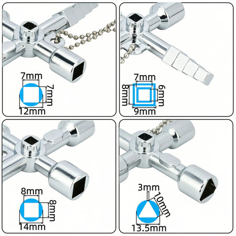 Close-up image of 2 Pack 4 Way Sillcock Key Kit For Hose Valves Faucets And Switches With Beaded Chain, zinc alloy design with measurements